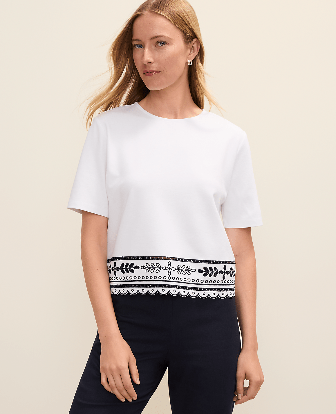 Embroidered Crew Neck Top | Vinci Leather