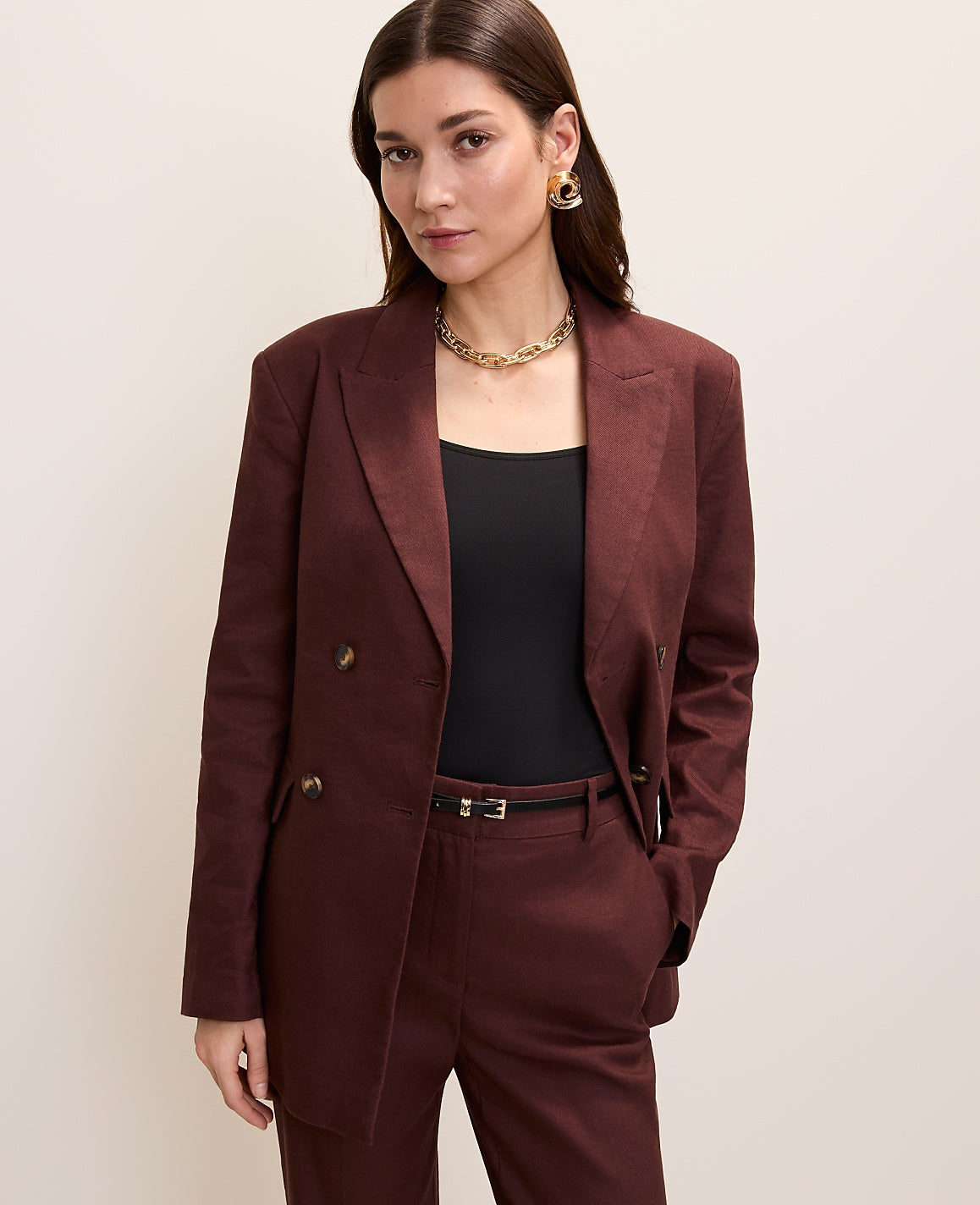 The Fitted Long Double Breasted Blazer in Linen Blend | Vinci Leather