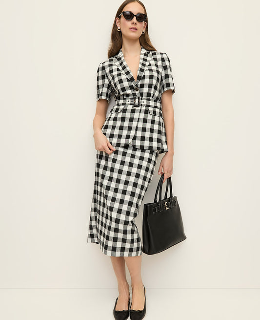 The Button Midi Skirt in Gingham Linen Blend | Vinci Leather