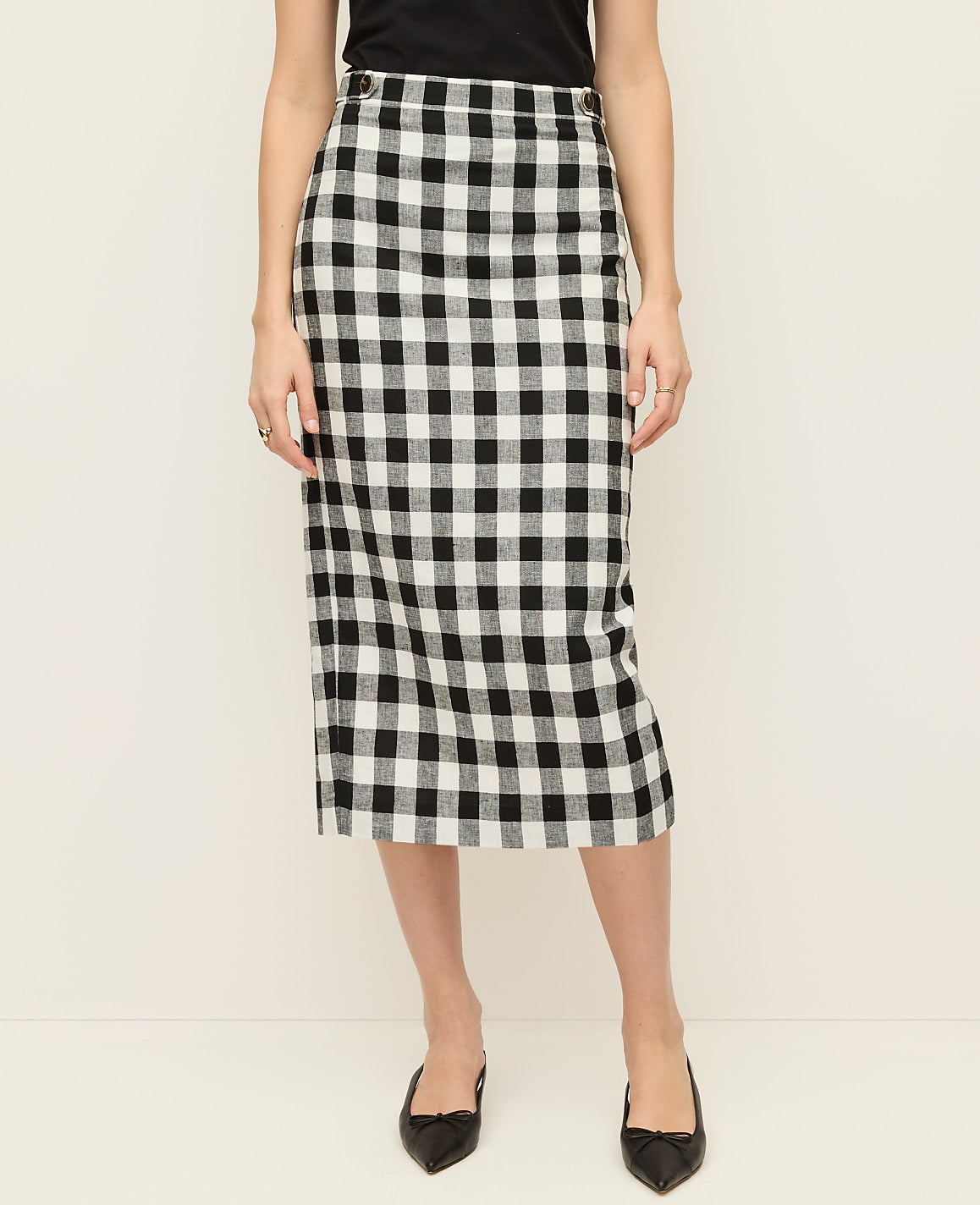 The Button Midi Skirt in Gingham Linen Blend | Vinci Leather