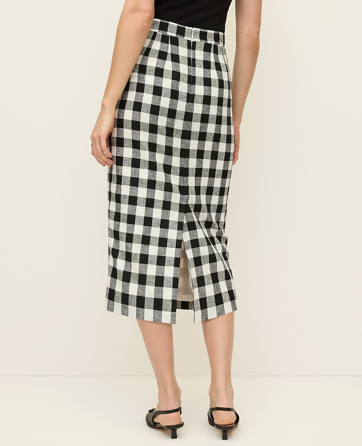The Button Midi Skirt in Gingham Linen Blend | Vinci Leather