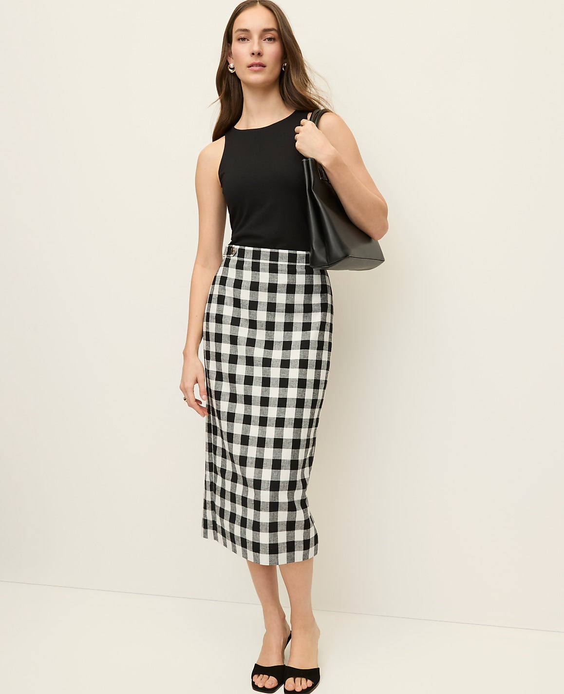 The Button Midi Skirt in Gingham Linen Blend | Vinci Leather