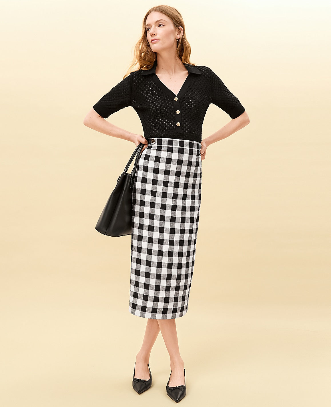 The Button Midi Skirt in Gingham Linen Blend | Vinci Leather