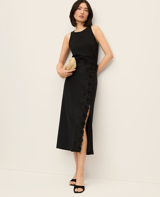 Lace Trim Linen Blend Midi Skirt | Vinci Leather