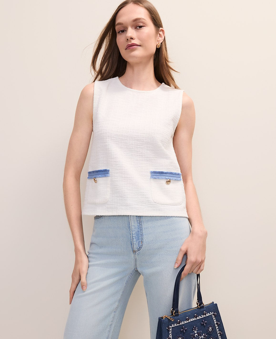 Fringe Trim Tweed Top | Vinci Leather