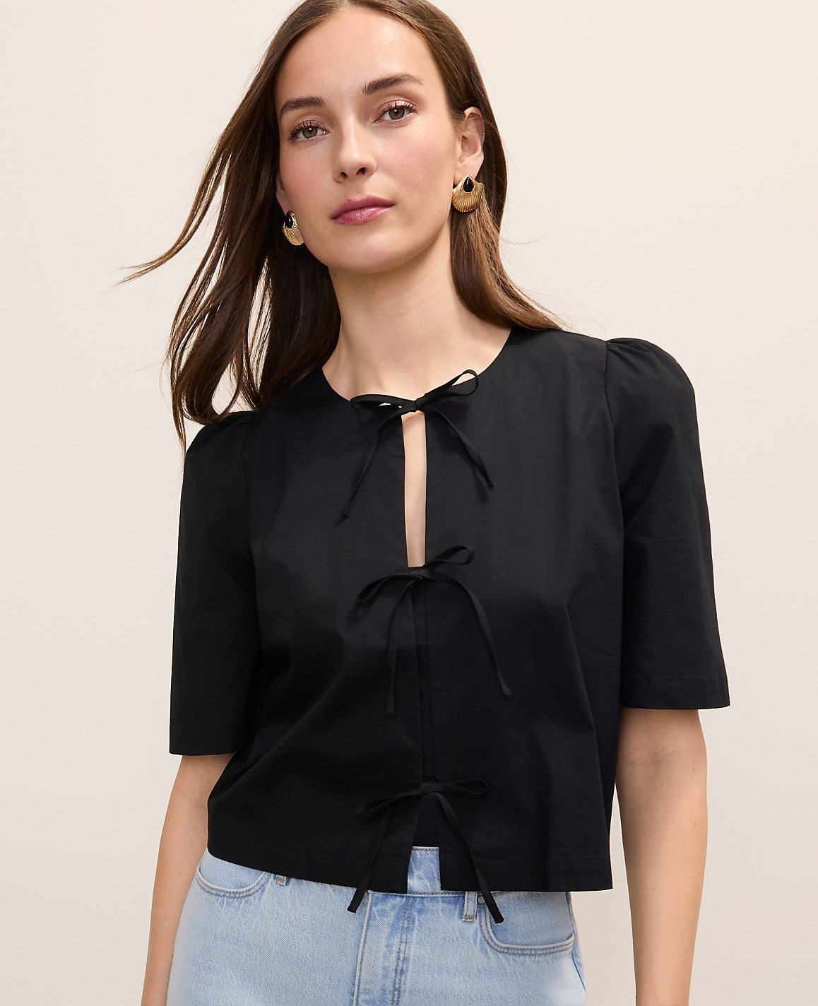 Tie Front Short Sleeve Blouse | Vinci Leather