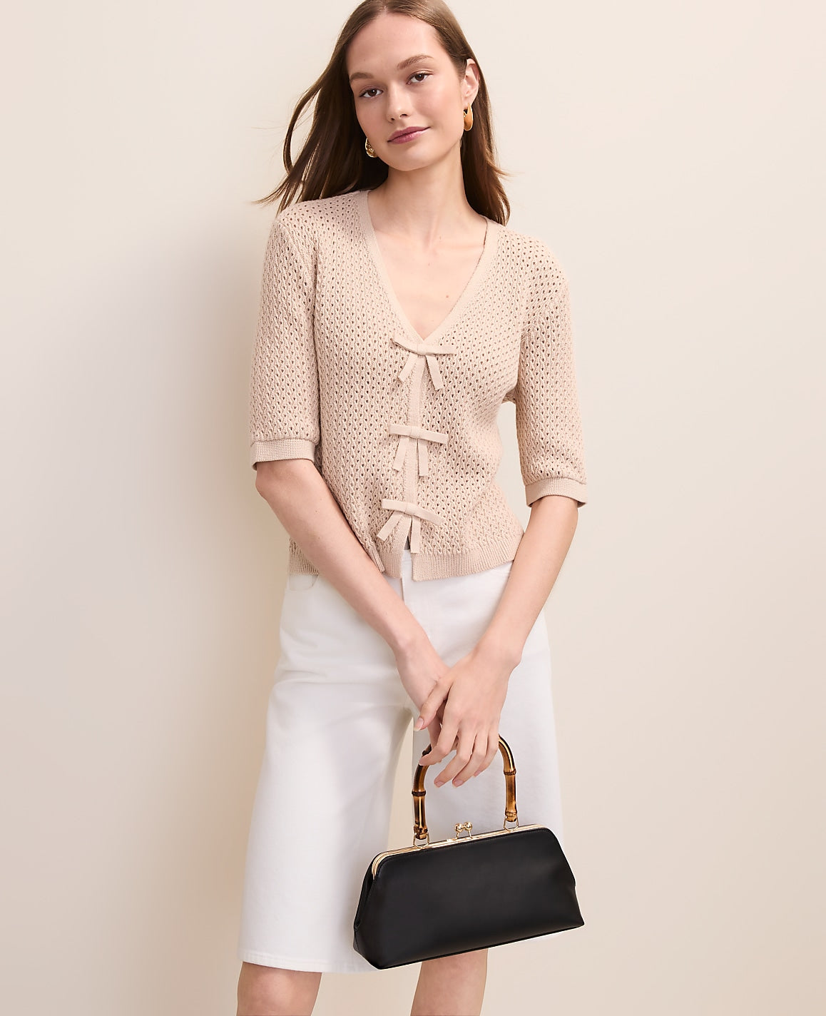 Textured Stitch Bow Cardigan | Vinci Leather