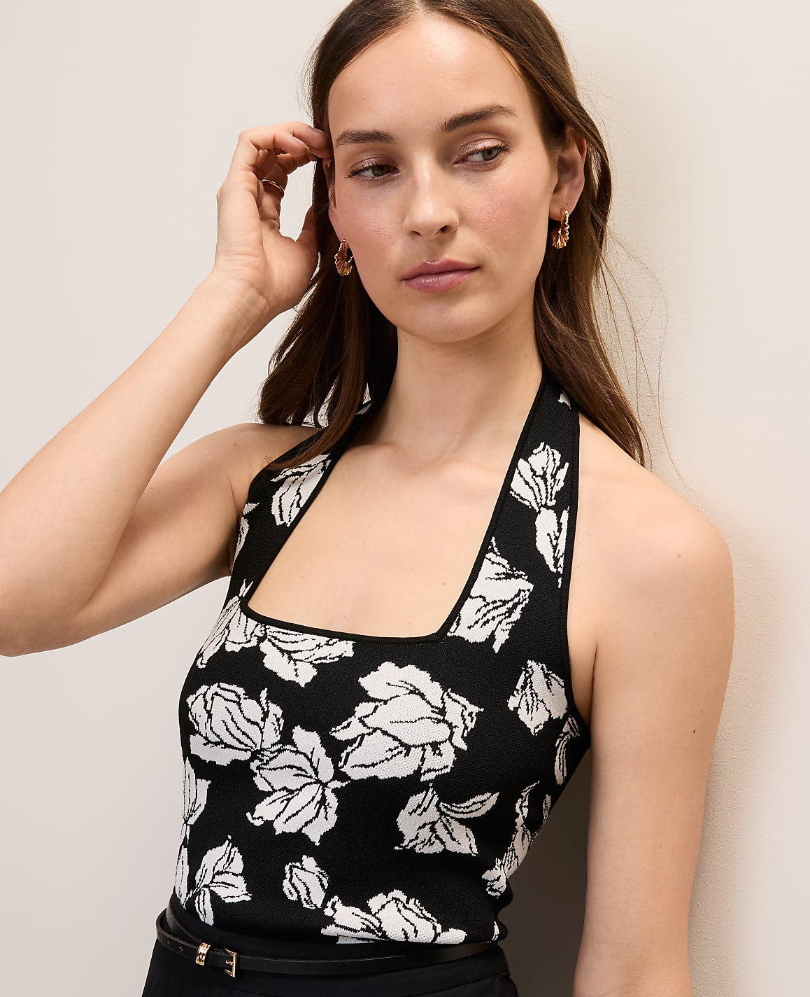 Floral Jacquard Halter Sweater Top | Vinci Leather
