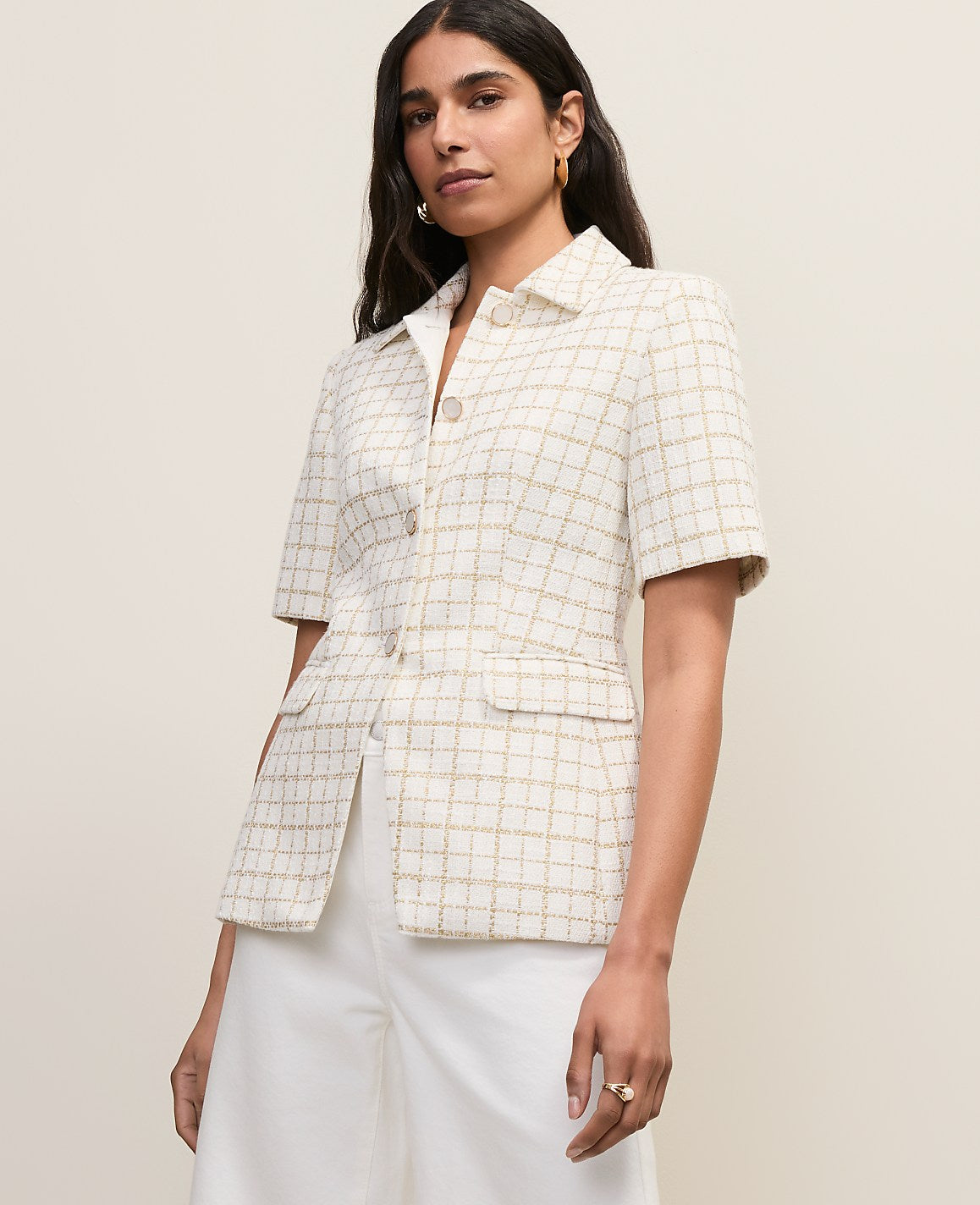 The Short Sleeve Cutaway Jacket in Metallic Tweed | Vinci Leather
