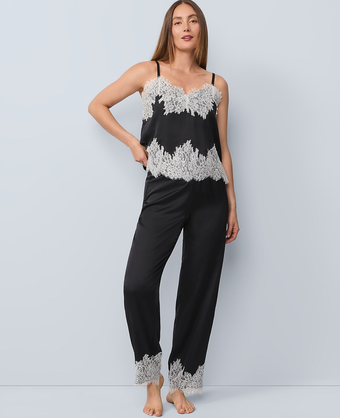 Lace Trim Satin Pajama Set | Vinci Leather