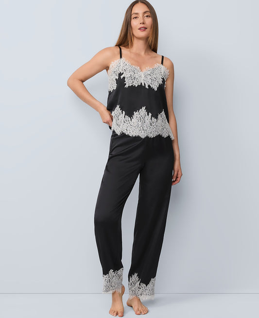 Lace Trim Satin Pajama Set | Vinci Leather