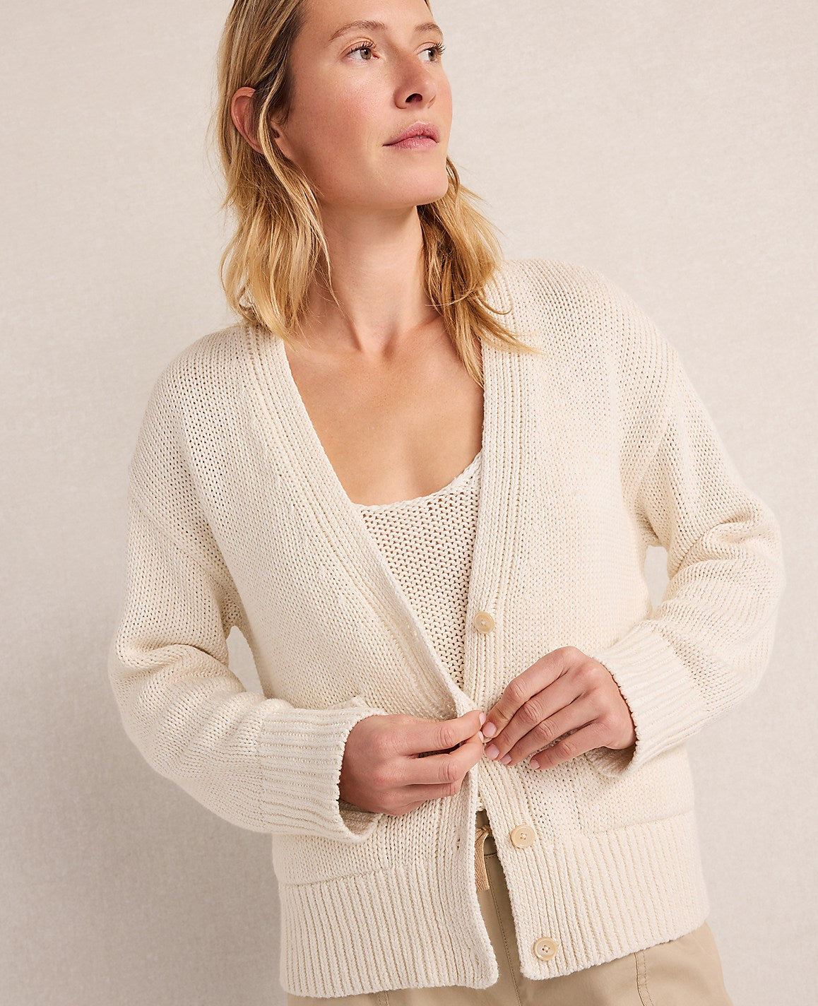 Haven Well Within Cotton Linen Plaited V-Neck Cardigan | Vinci Leather