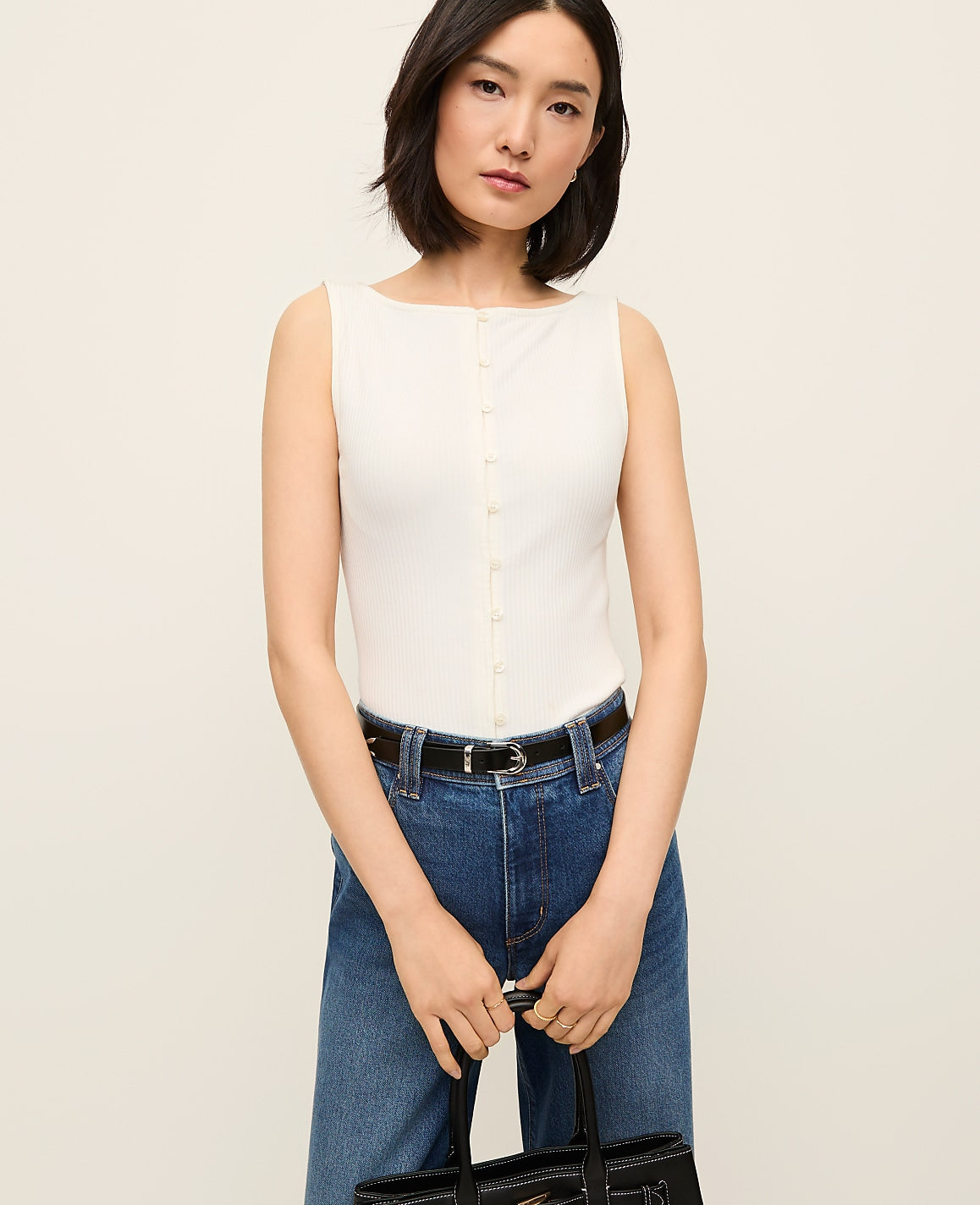 Ribbed Sleeveless Button Top | Vinci Leather
