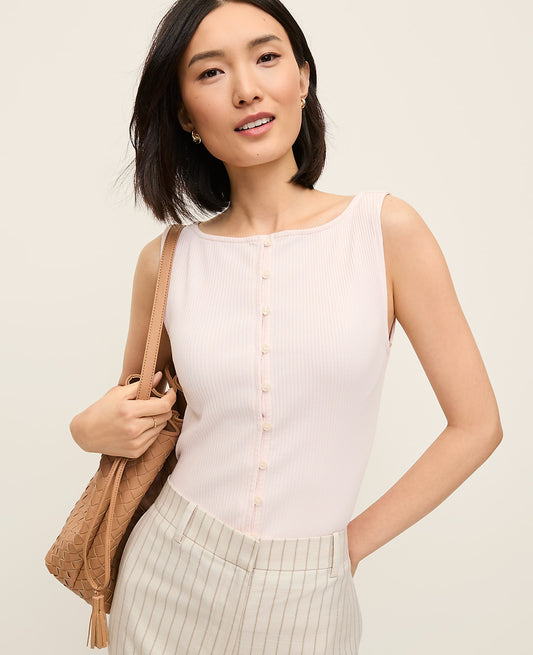 Ribbed Sleeveless Button Top | Vinci Leather
