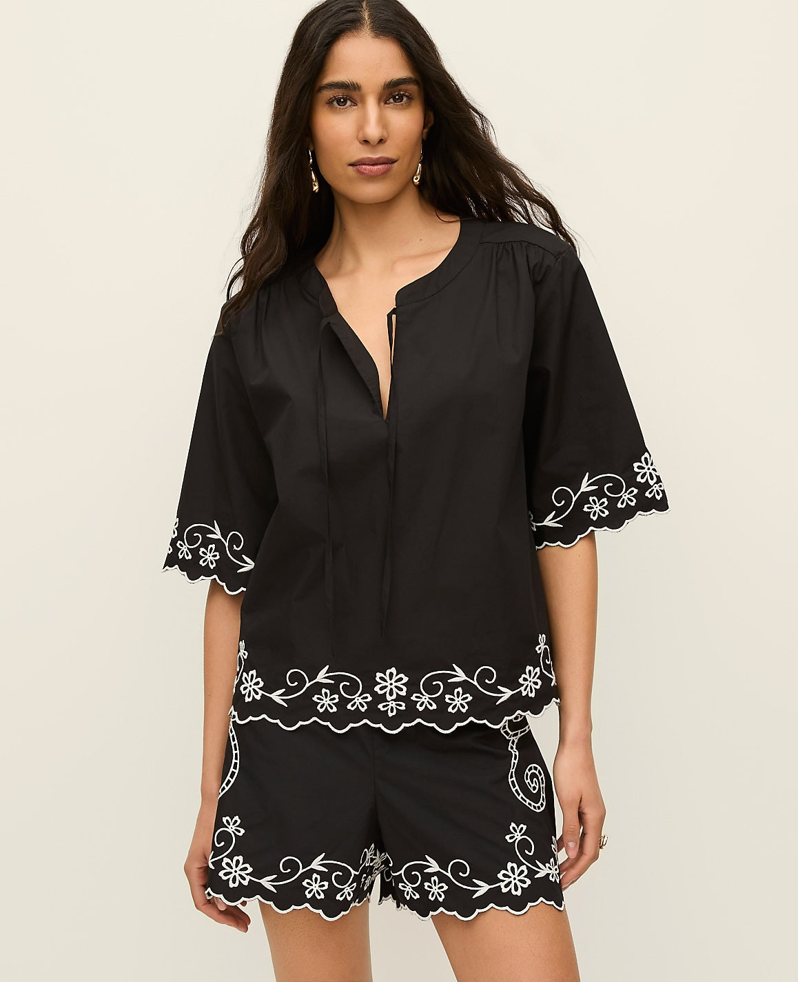 Embroidered V-Neck Blouse | Vinci Leather