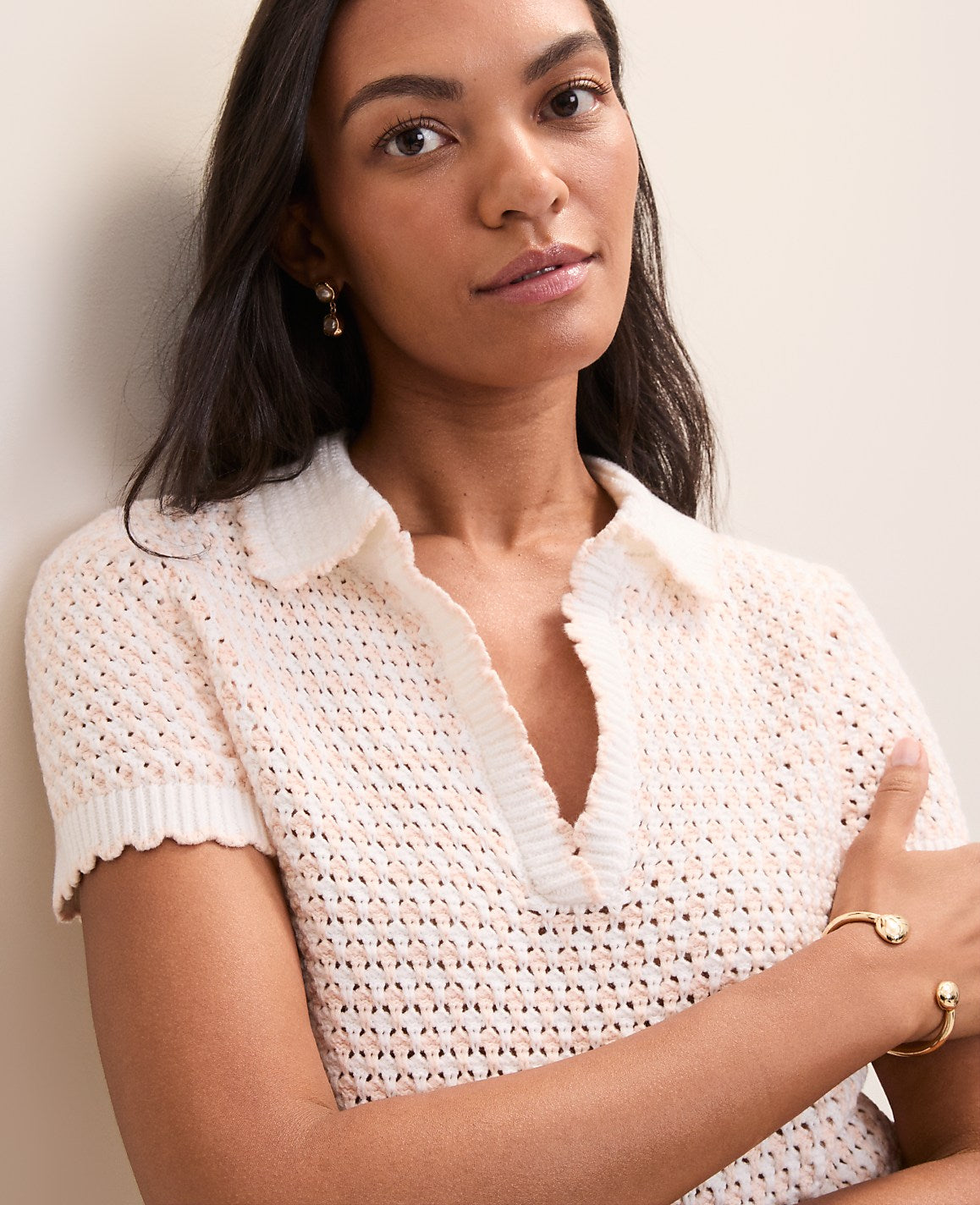 Petite Weekend Texture Stitch Polo Sweater | Vinci Leather