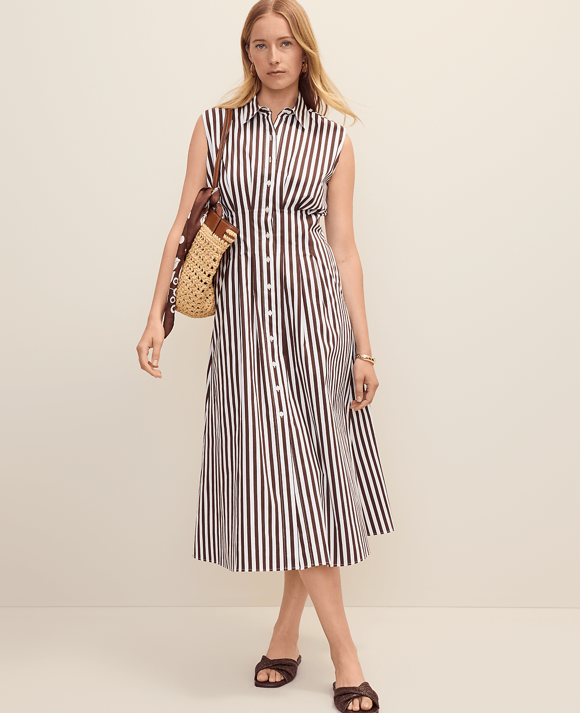Petite Weekend Striped Pleated Midi Shirtdress | Vinci Leather