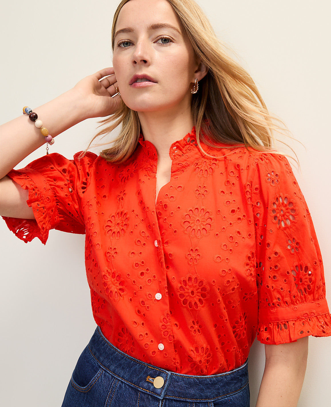 Petite Eyelet Ruffle Blouse | Vinci Leather