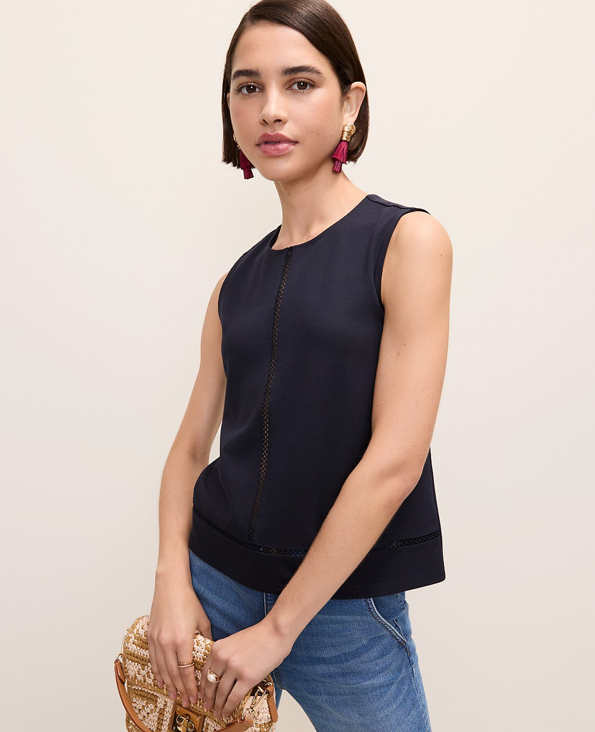 Ponte Lace Trim Shell | Vinci Leather