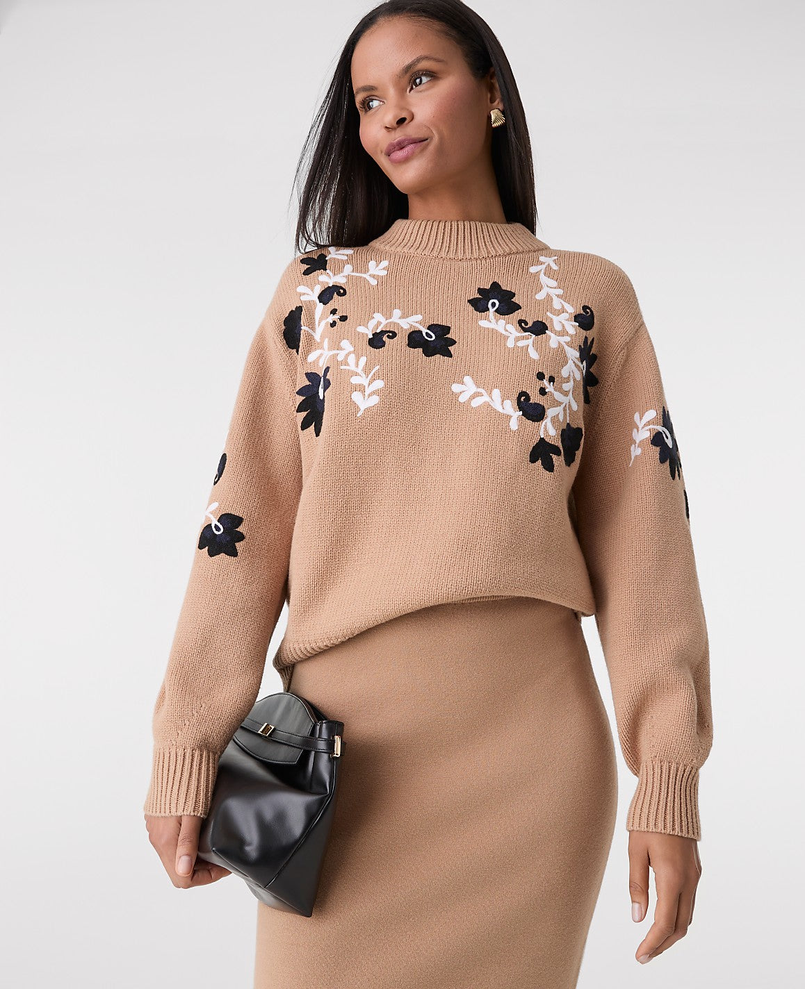 Embroidered Floral Mock Neck Sweater | Vinci Leather