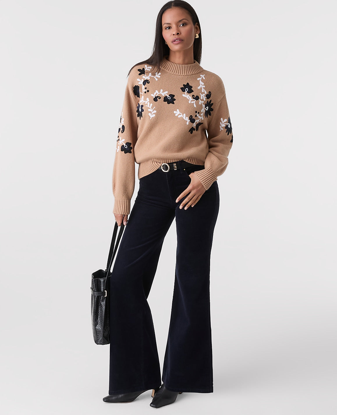 Embroidered Floral Mock Neck Sweater | Vinci Leather