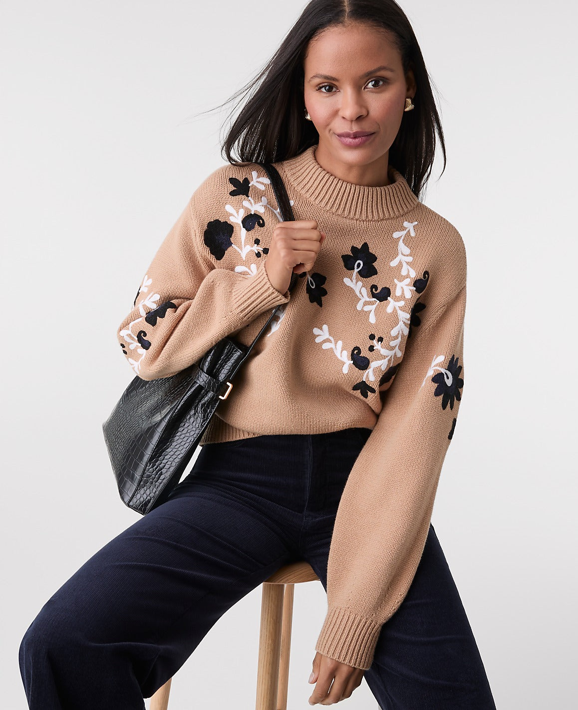 Embroidered Floral Mock Neck Sweater | Vinci Leather