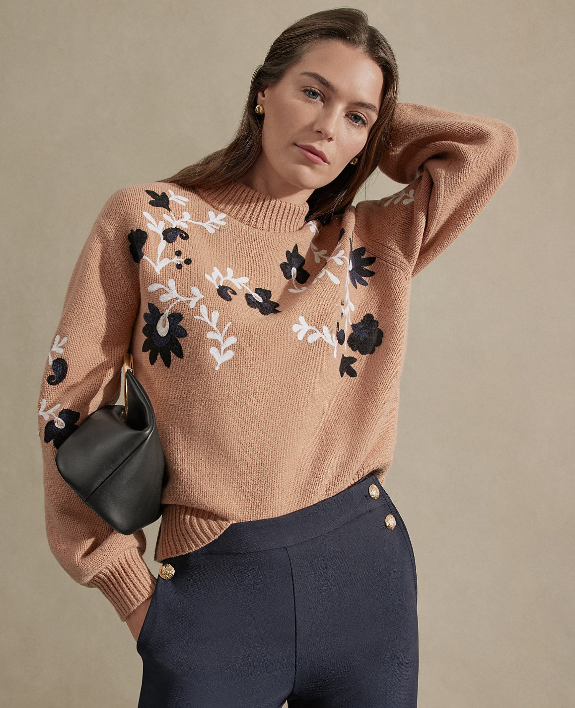 Embroidered Floral Mock Neck Sweater | Vinci Leather