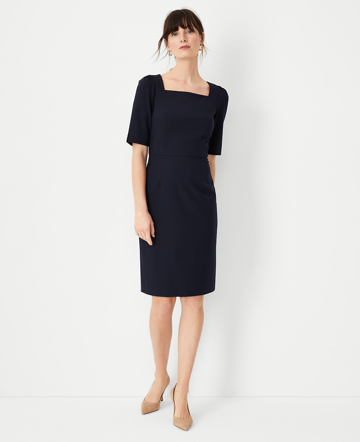 The Elbow Sleeve Square Neck Dress in Seasonless Stretch | Vinci Leather