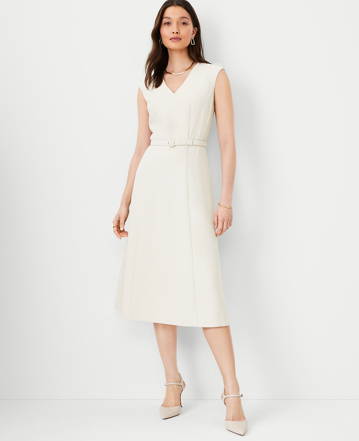 The Belted V-Neck Midi Dress in Fluid Crepe | Vinci Leather