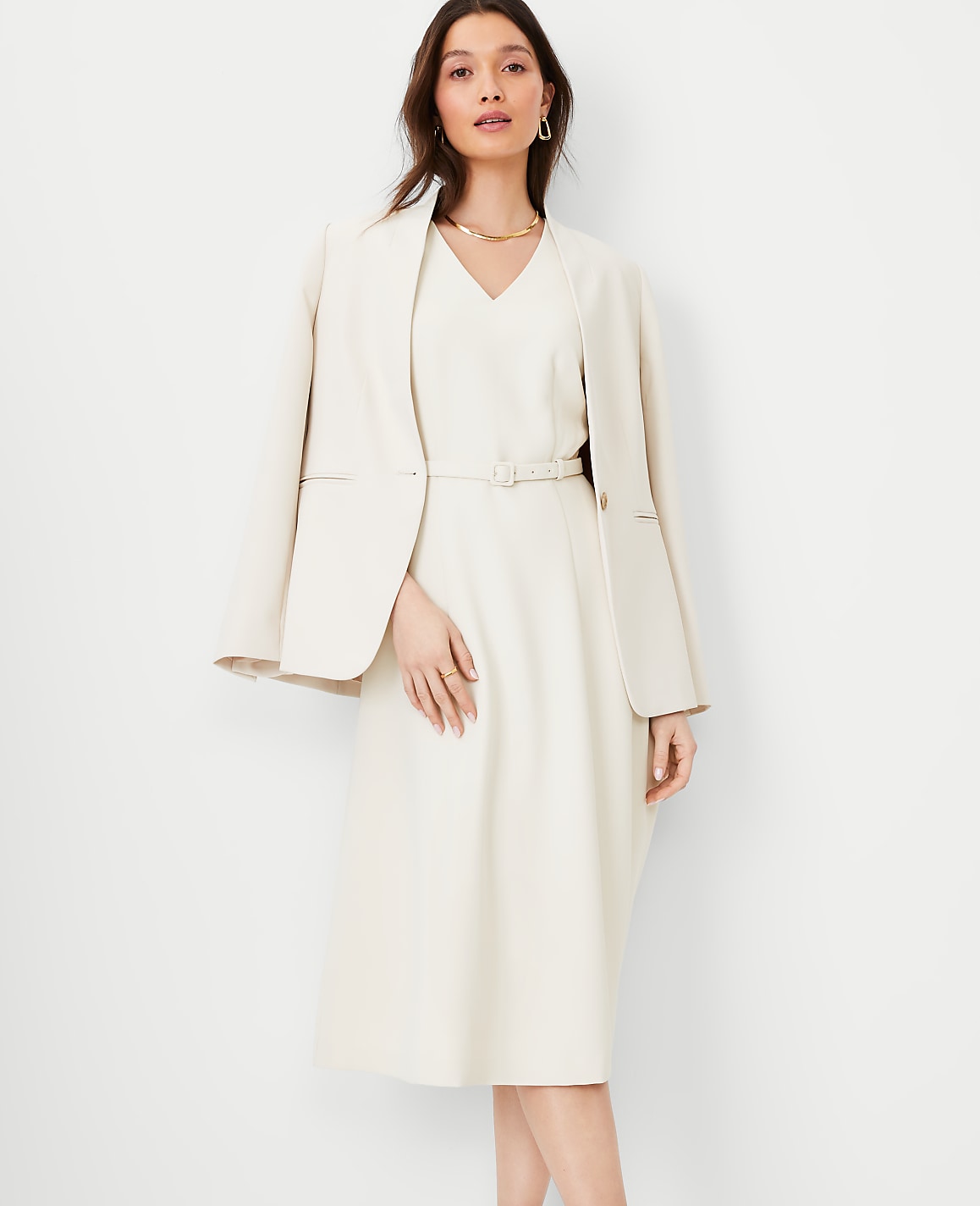 The Belted V-Neck Midi Dress in Fluid Crepe | Vinci Leather